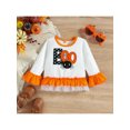 thumbnail image 4 of Qiylii Toddler Girls Halloween Outfit Set, Embroidery Pumpkin Long-Sleeve Ruffle T-Shirt + Dots Bell-Bottoms Set for Kids, 9 Months to 4 Years, 4 of 9
