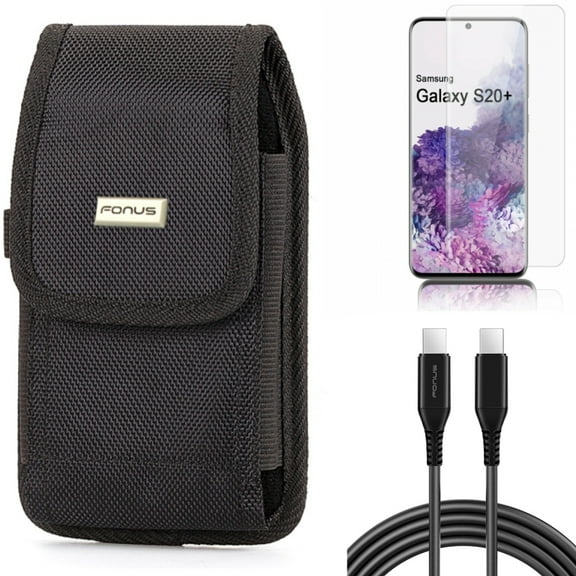 Screen Protector w 10ft Long USB-C Cable w Case Belt Clip for Samsung Galaxy S20 Plus - Tempered Glass [Fingerprint Unlock] 3D Curved Edge, PD Fast Charger Cord Power Wire, Rugged fits Galaxy S20 Plus