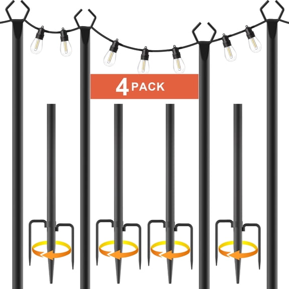 4Pack 10Ft String Light Poles for Patio, Deck, Backyard and Outdoor, Heavy-Duty Metal Poles with Fork Brackets, Weather-Resistant & Adjustable Height, Easy Installation
