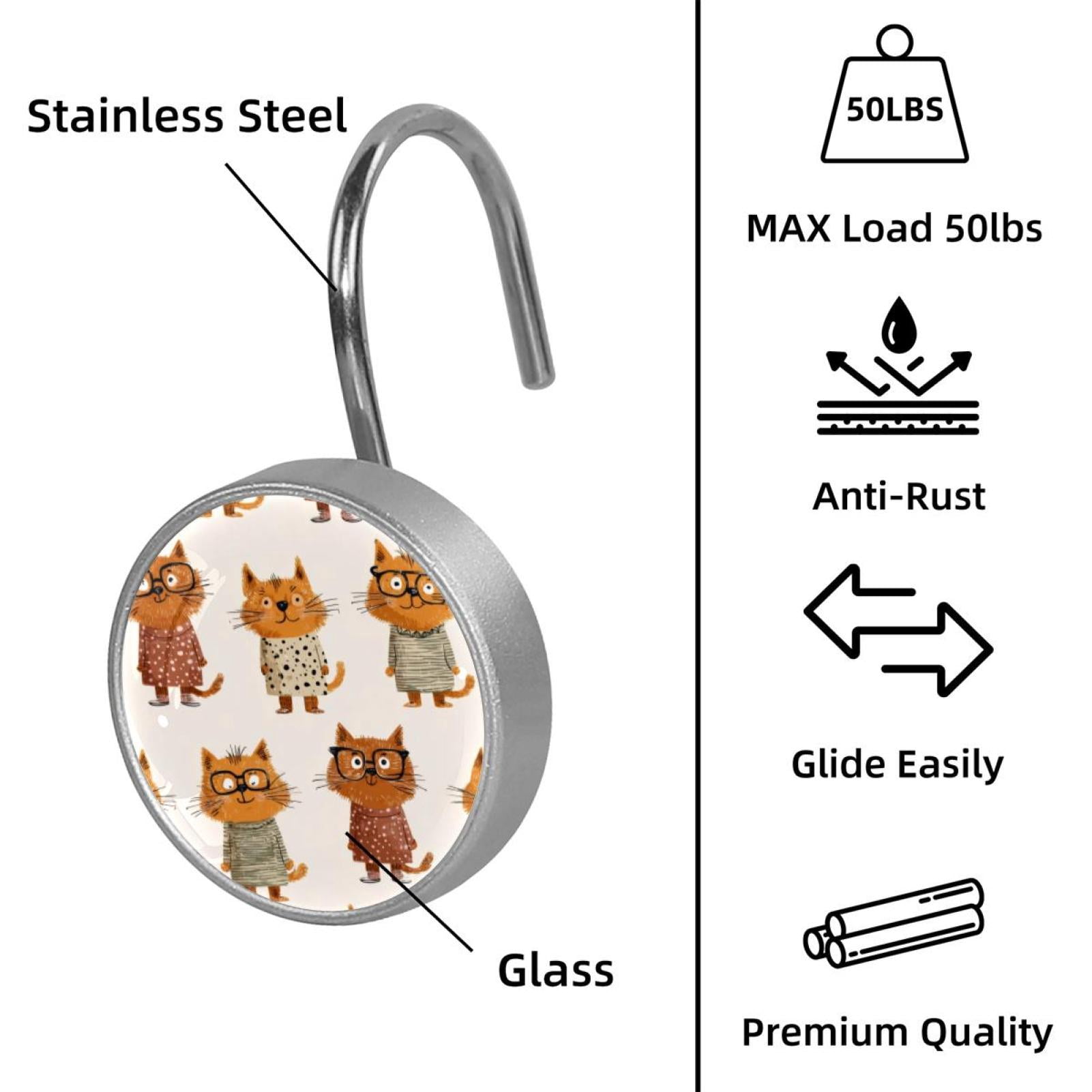 12pcs Decorative Shower Curtain Hooks, Rust Resistant Shower Rings for Bathroom Living Room,Rustproof Stainless Steel Rings for Shower Curtain and Liner Rods,Cartoon Sweater Glasses Cat