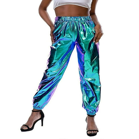 Women Metallic Shiny Jogger Trousers Casual High Waist Holographic Color Cargo Pants Plus Size
