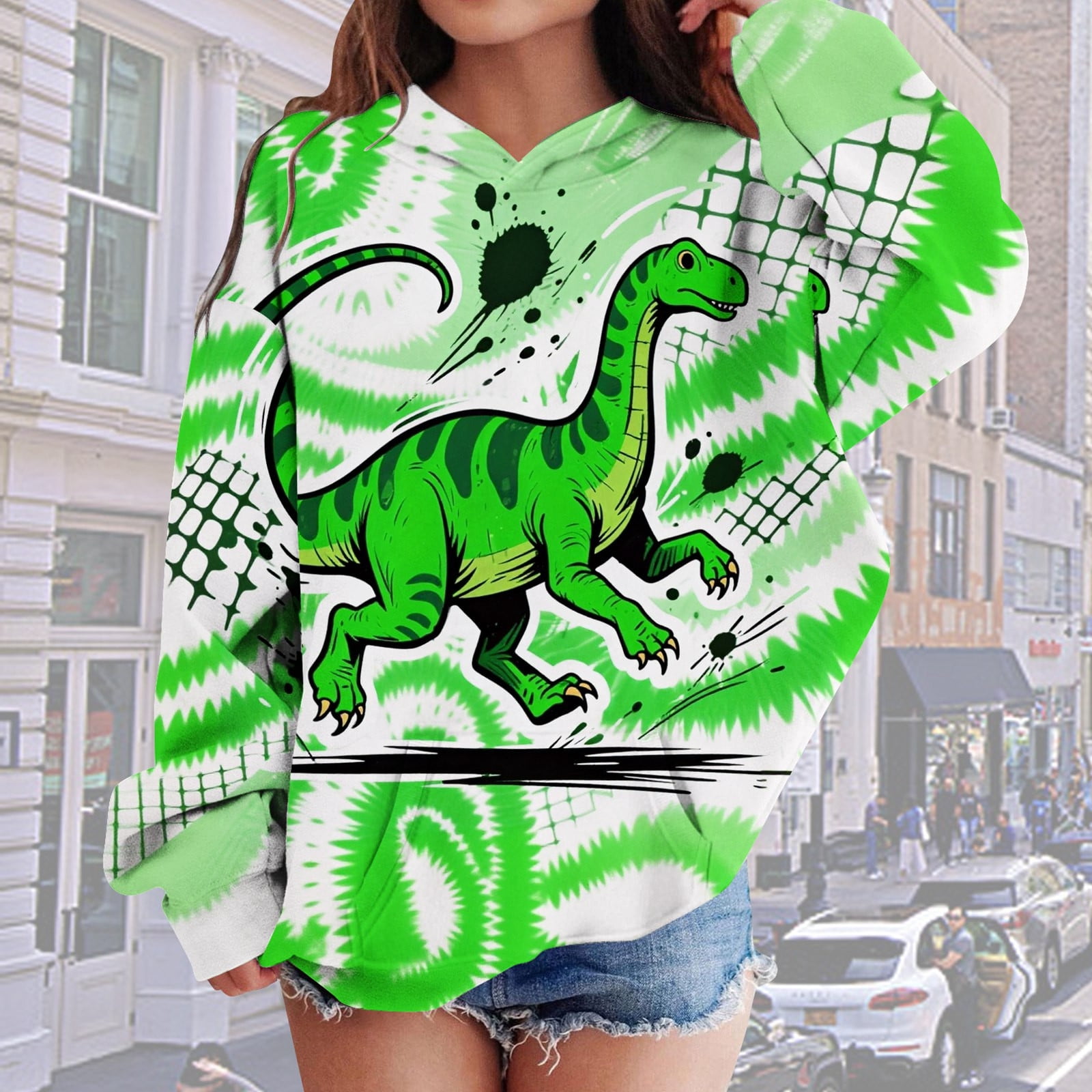 SonxaHe Big Boy Hooded Sweatshirts Tie Dye Dinosaur Print Long