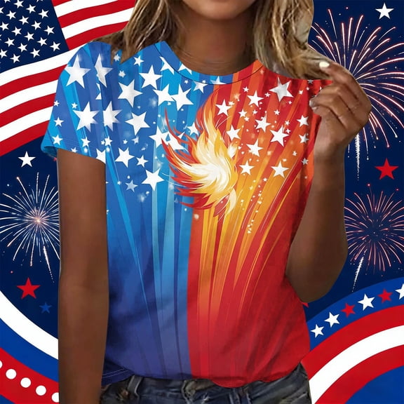 Gamivast 4Th of July Vintage T Shirts for Women Distressed Star Print Crew Neck Classic Fit Tops Soft Breathable Stretchy Short Sleeve Shirts Patriotic Independence Day Wear