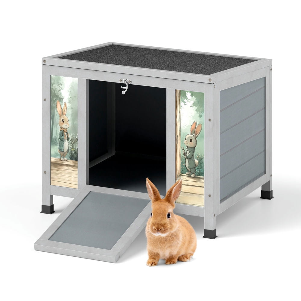GVN Rabbit Coop, Rabbit House, Duck Rabbit Cage,Small Outdoor Wooden Rabbit Hutch with Lockable Door & Weatherproof Roof, Openable Top, Gray