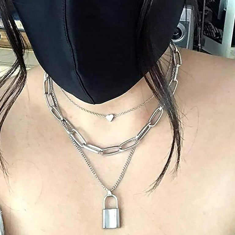 1pcs Alloy Choker Necklace Lock Pendant For Women Men Chunky Chain Punk Gothic  Necklaces Silver