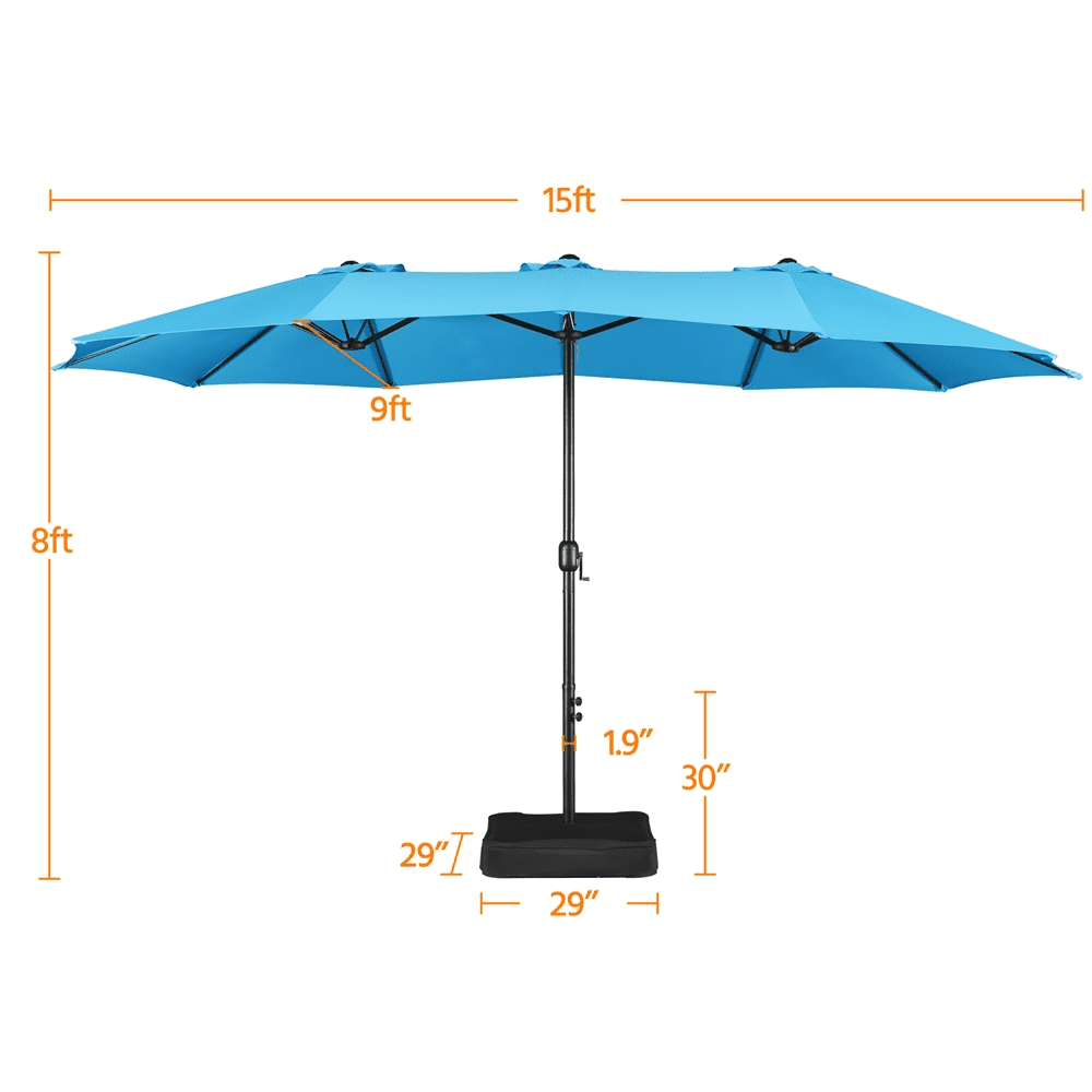 Renwick 15ft Double-Sided Twin Patio Outdoor Umbrella with Base, Sky Blue