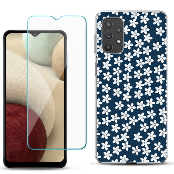 Slim-Fit TPU Phone Case compatible with Samsung Galaxy A32 5G, with Tempered Glass Screen Protector, by OneToughShield ® - Flower/Blue