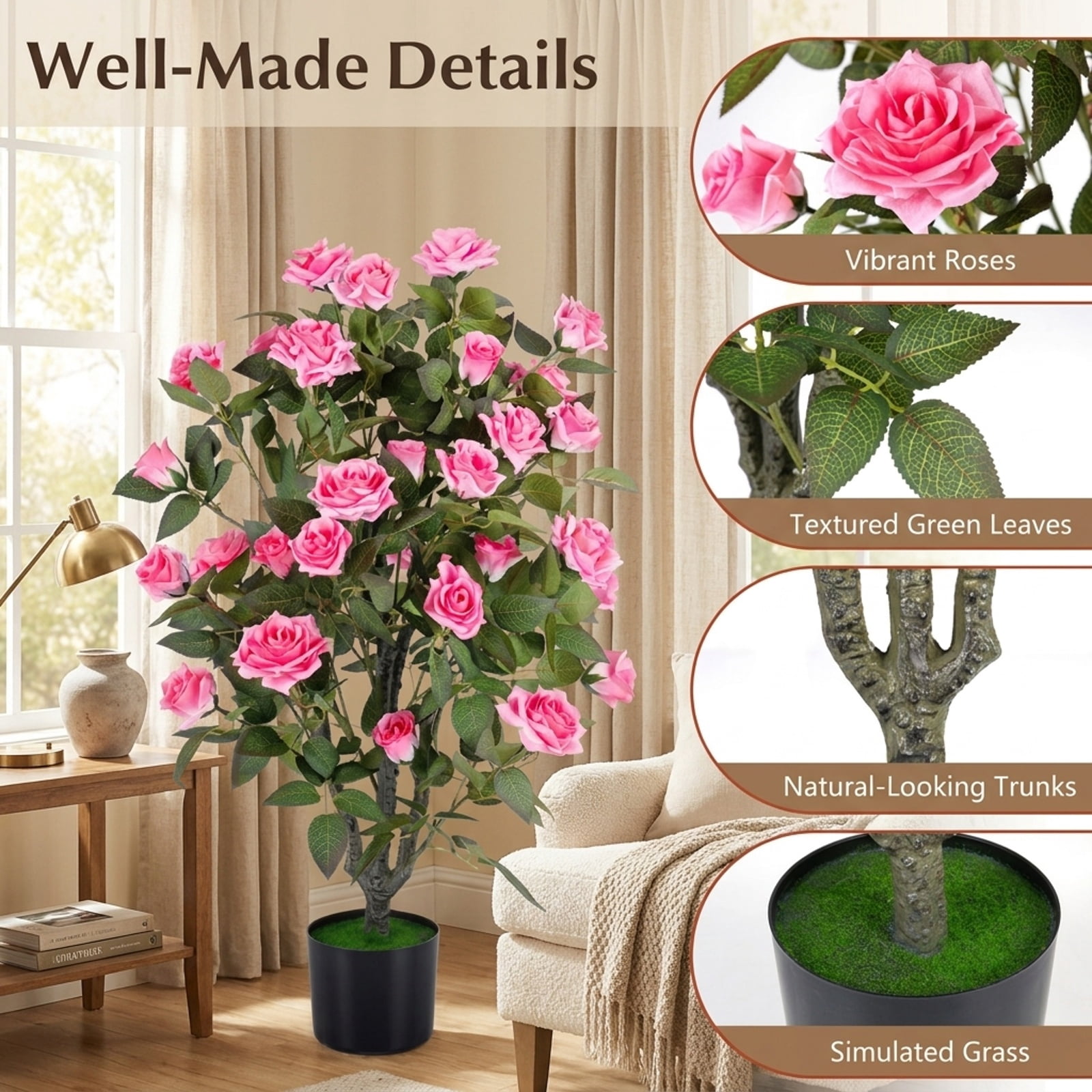 Vebreda Artificial Plant Decor, 35.5" Artificial Rose Tree with Blooming Flowers and Green Leaves for Indoor, Beautiful & Lifelike Rose Tree