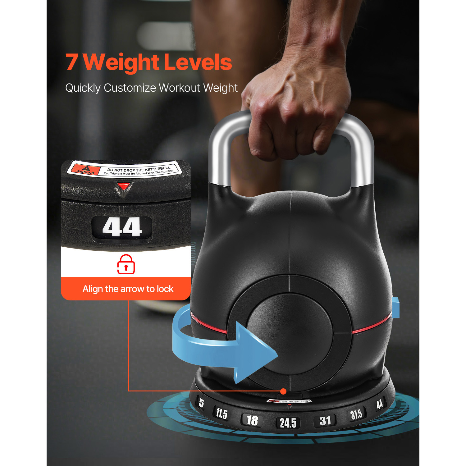 VEVOR Kettlebell, Adjustable Kettlebell with 7 Weight Levels (5, 11.5, 18, 24.5, 31, 37.5, 44 lbs), Die-Cast Aluminum and ABS Material, for Grip Strength Training, Full-body Workout & Cross-Training
