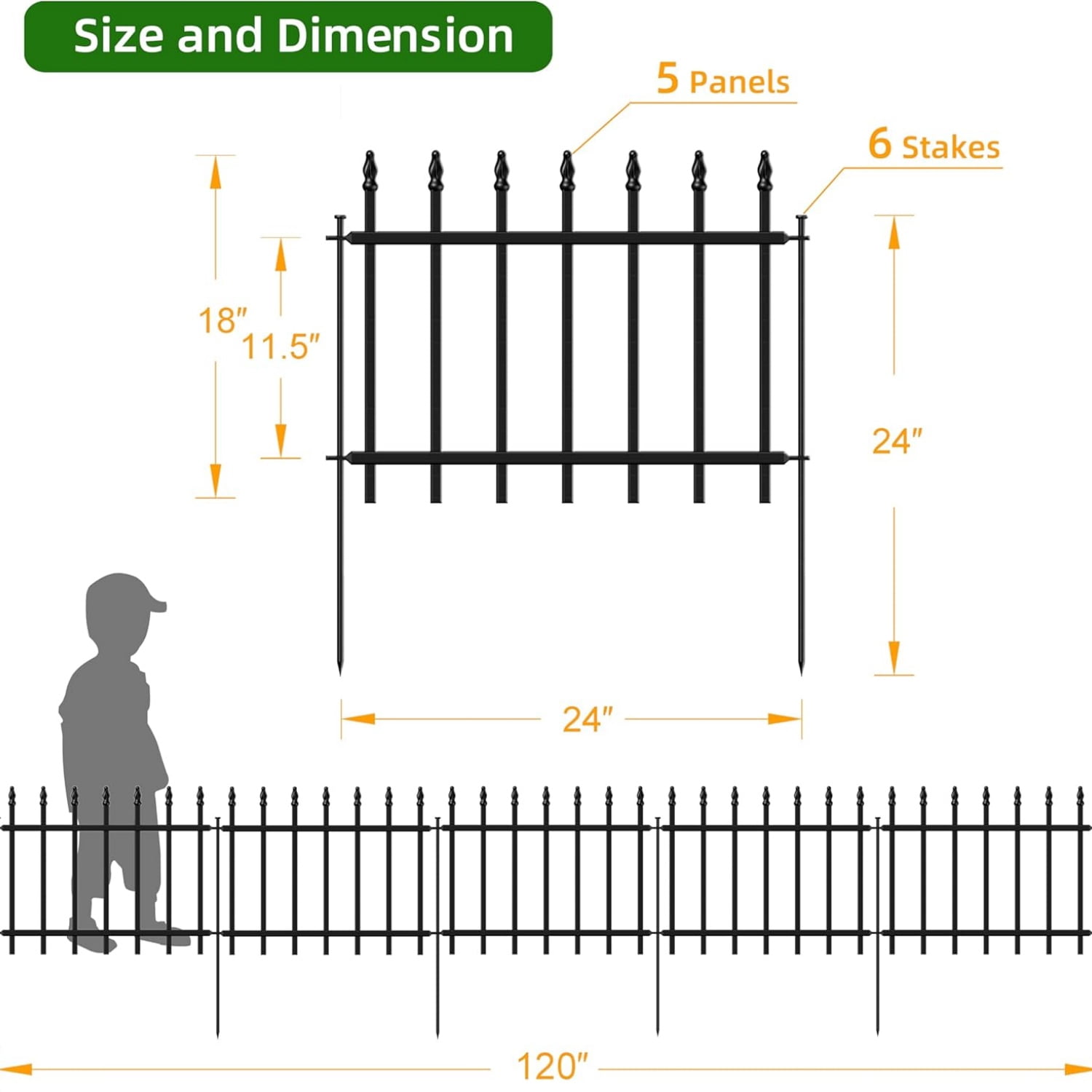 Decorative Metal Garden Fence 18 in H x 10 ft L, Barrier Fencing for Yard Flower Bed Lawn Landscape Outdoor, 5 Panels + 6 Stakes Black