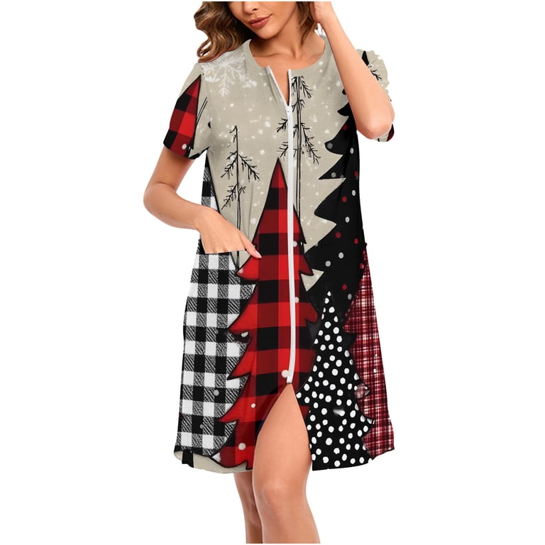 Wowcloth Woman's Christmas Pajama Dress, Relaxed Fit with Short Sleeve, Soft Lounge Nightgown for Holiday and Home Comfort
