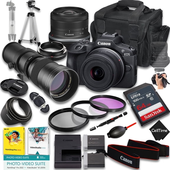 Canon EOS R100 Mirrorless Camera with RF-S 18-45mm f/4.5-6.3 IS STM And 420-800mm f/8 Manual Super HD Telephoto Lens   64GB Memory   Extra Battery   More (22pc Bundle) (International Version)