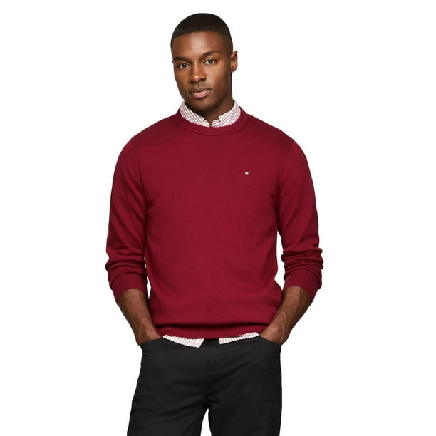Jersey Tommy Hilfiger liso con cuello redondo para hombre, color rojo, talla M