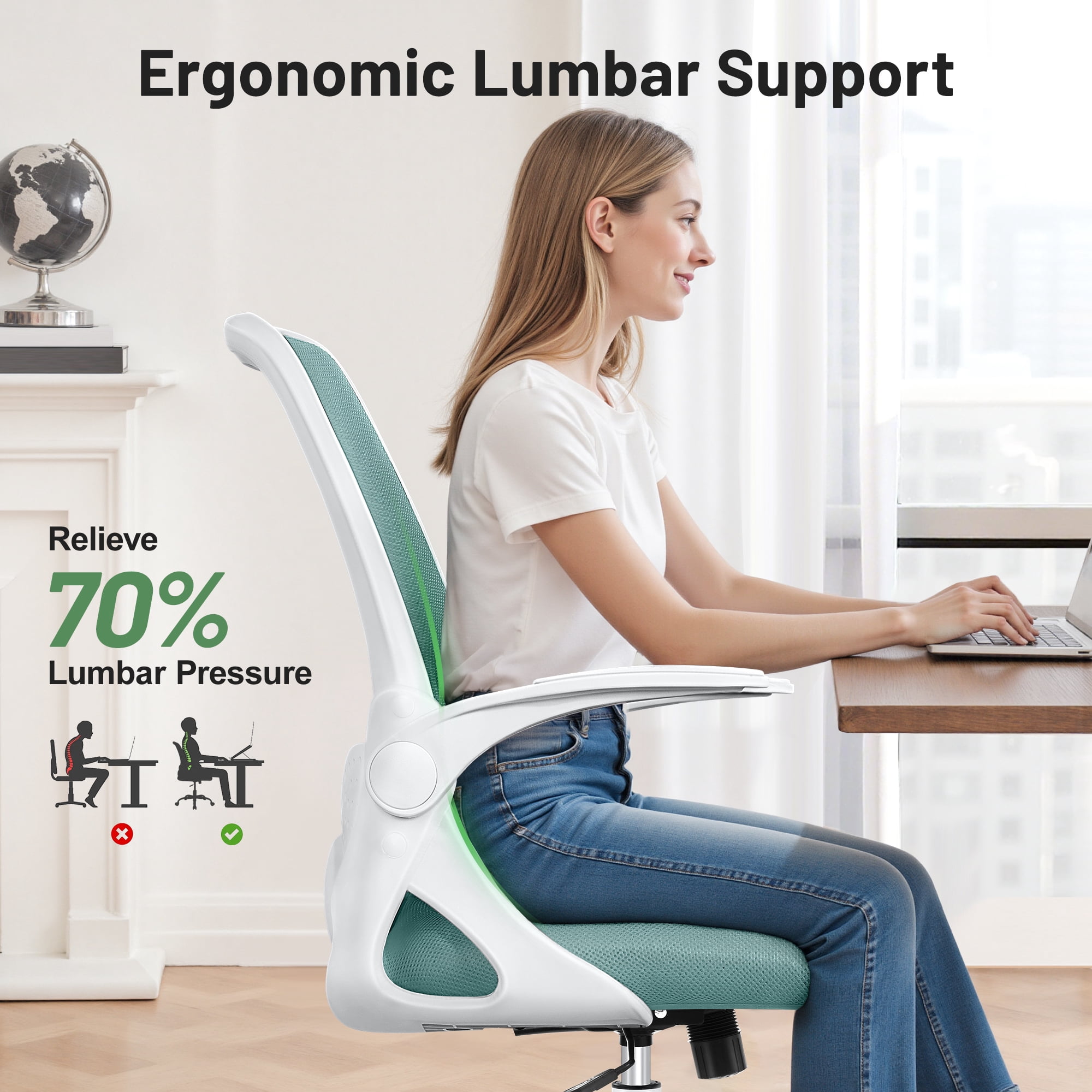 ATHOPE Office Chair, Ergonomic Desk Chair with Lumbar Support Adjustable Height Swivel Wheels Flip-up Arms Mesh Computer Gaming Chair for Home Office, Green