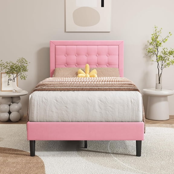 alazyhome Contemporary Velvet Fabric, Metal Wood Twin Platform Bed Pink