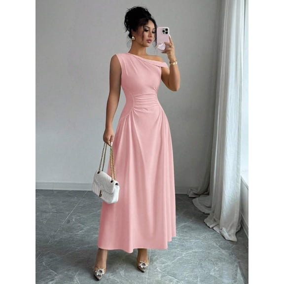 Pink One Shoulder Asymmetric Maxi Dress With Ruched Waist, Elegant Formal Evening Dress For Casual Vacations And Romantic Dates