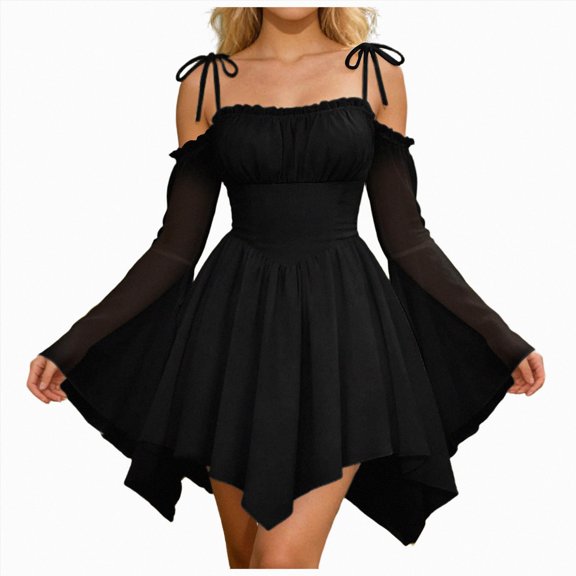 Women Vintage Off‑Shoulder Corset Dress Puff Long Sleeve Lace‑Up Swing Midi Dress