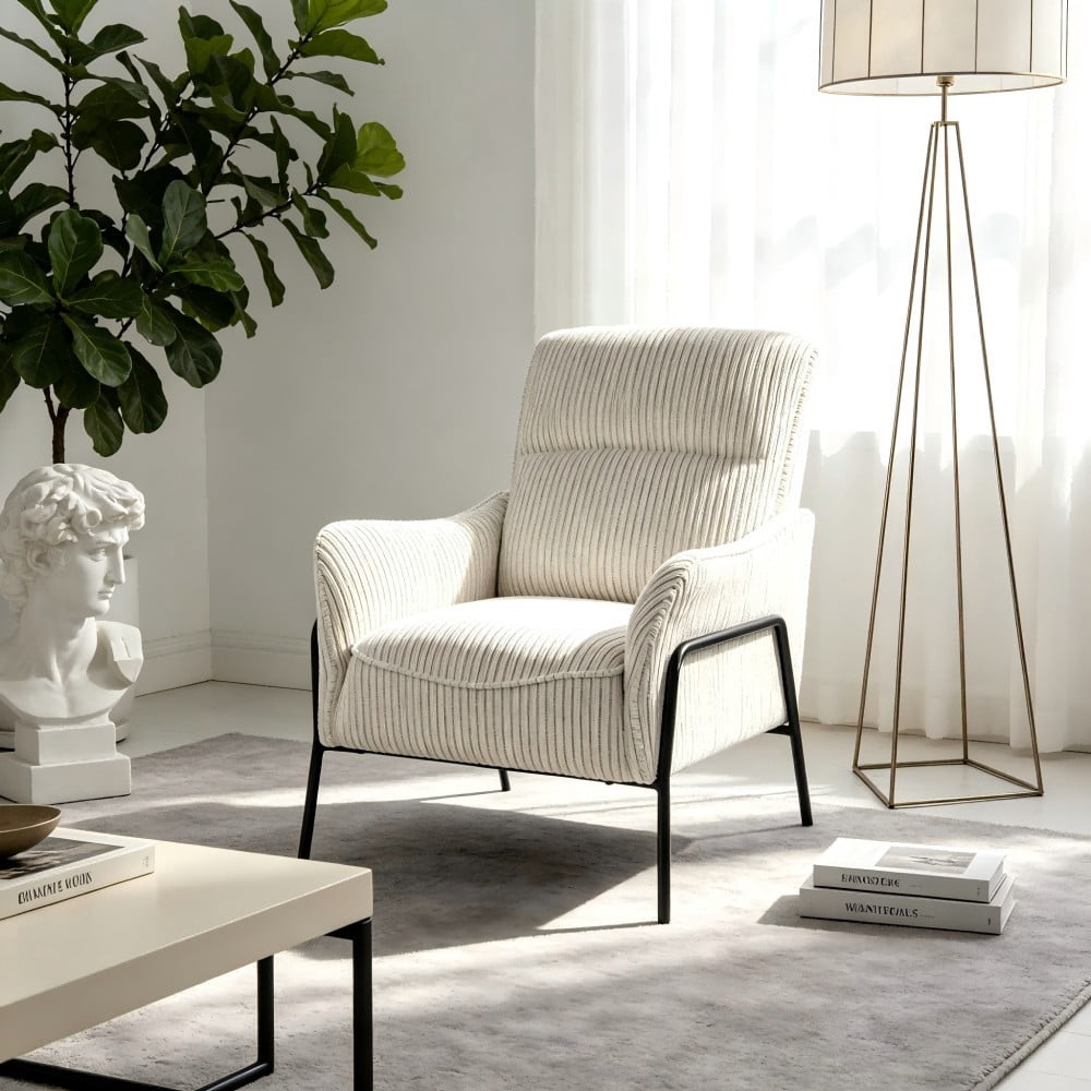 Modern Striped Accent Chair, Upholstered Armchair with Black Metal Frame, Padded Lounge & Reading Chair with Lumbar Pillow for Living Room, Bedroom & Office, Grey
