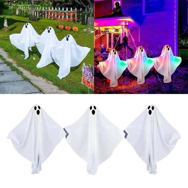 Decoración de Halloween para patio de terror, LED blanco fantasma, accesorio para fiesta al aire libre, resistente a la intemperie, inserto de luz de patio espeluznante para fiestas de Hallowe