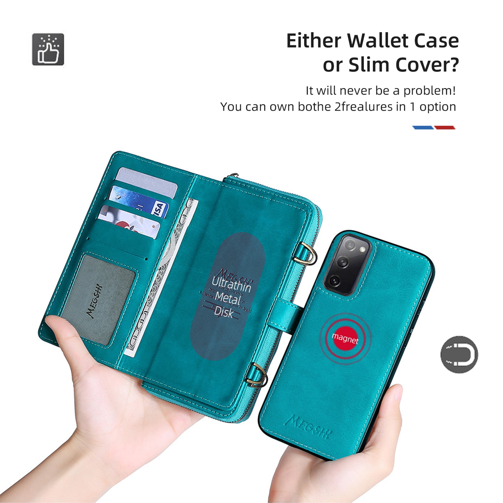 Samsung Galaxy S20 FE 5G Wallet Case, Dteck 2 in 1 Magnetic Detachable Wallet Purse [Crossbody Chain] Durable PU Leather Zipper Handbag Folio Flip Card Slot Protection Back Cover, Blue