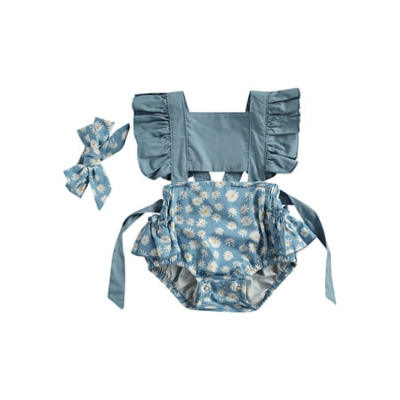 

Binpure 2 Pcs Newborn Casual Outfits Baby Girl Daisy Print Fly Sleeve Square Collar Tie Up Ruffle Romper + Headband
