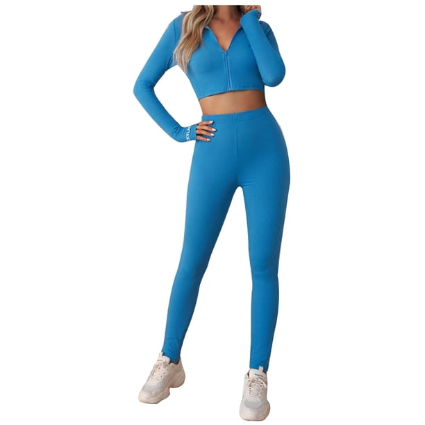 Trajes de 2 piezas para mujer Tops de yoga de manga larga con cremallera sólida + Pantalones largos Conjuntos con cuello en V Pantalones de yoga Wmkox8yi bvn3124