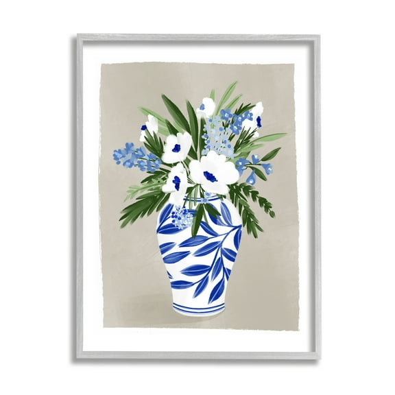 Stupell Industries White Poppies Flower Leaves Traditional Chinoiserie Pattern Vase,16 x 20, Design by Doodles.Ink.