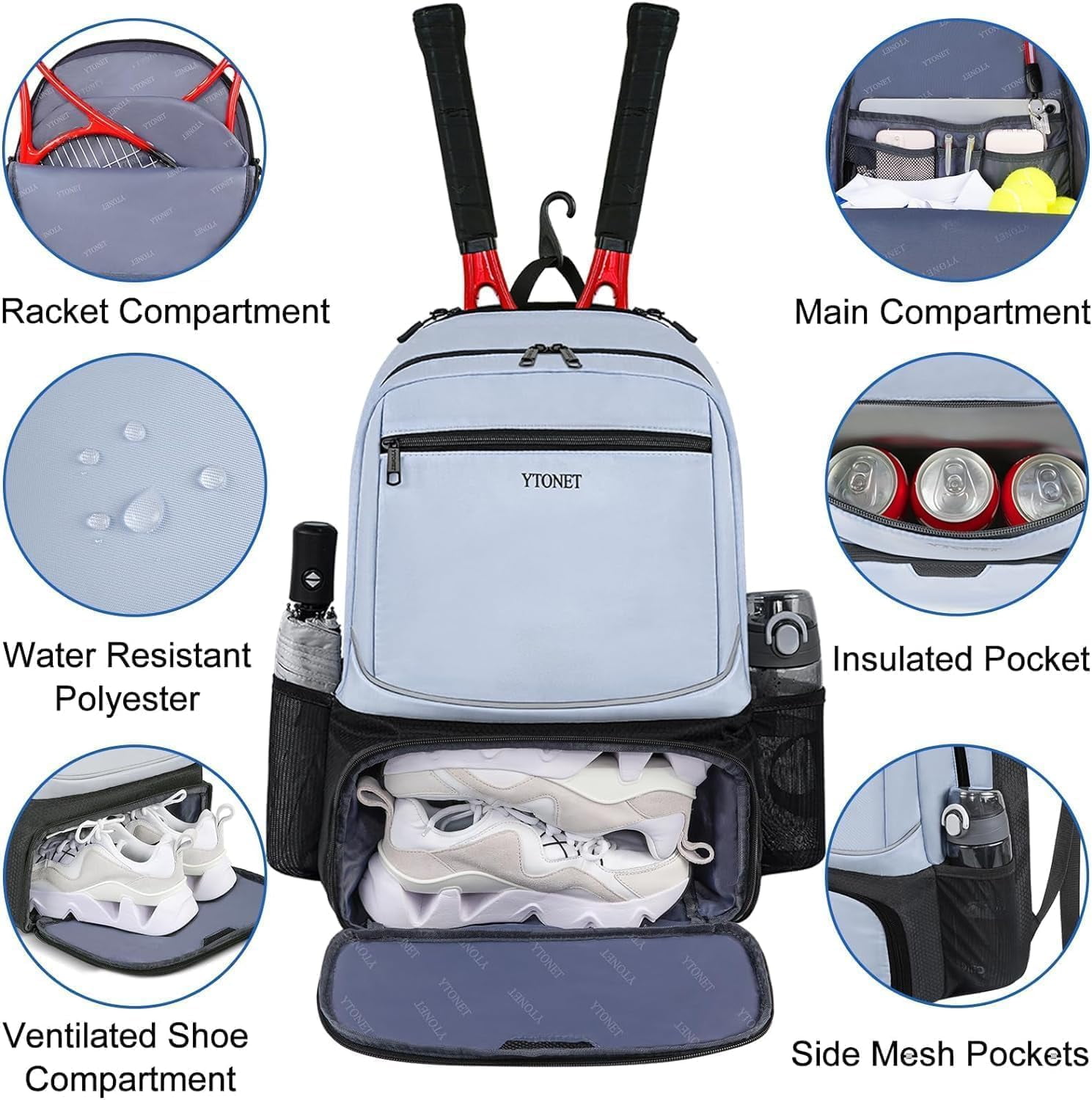 Gym Backpack for Men Women Travel Backpack with USB Charging Port Water Resistant Workout Gym Bag Lightweight Backpack, Tennis Bag Tennis Backpack for Women Men 2 Rackets