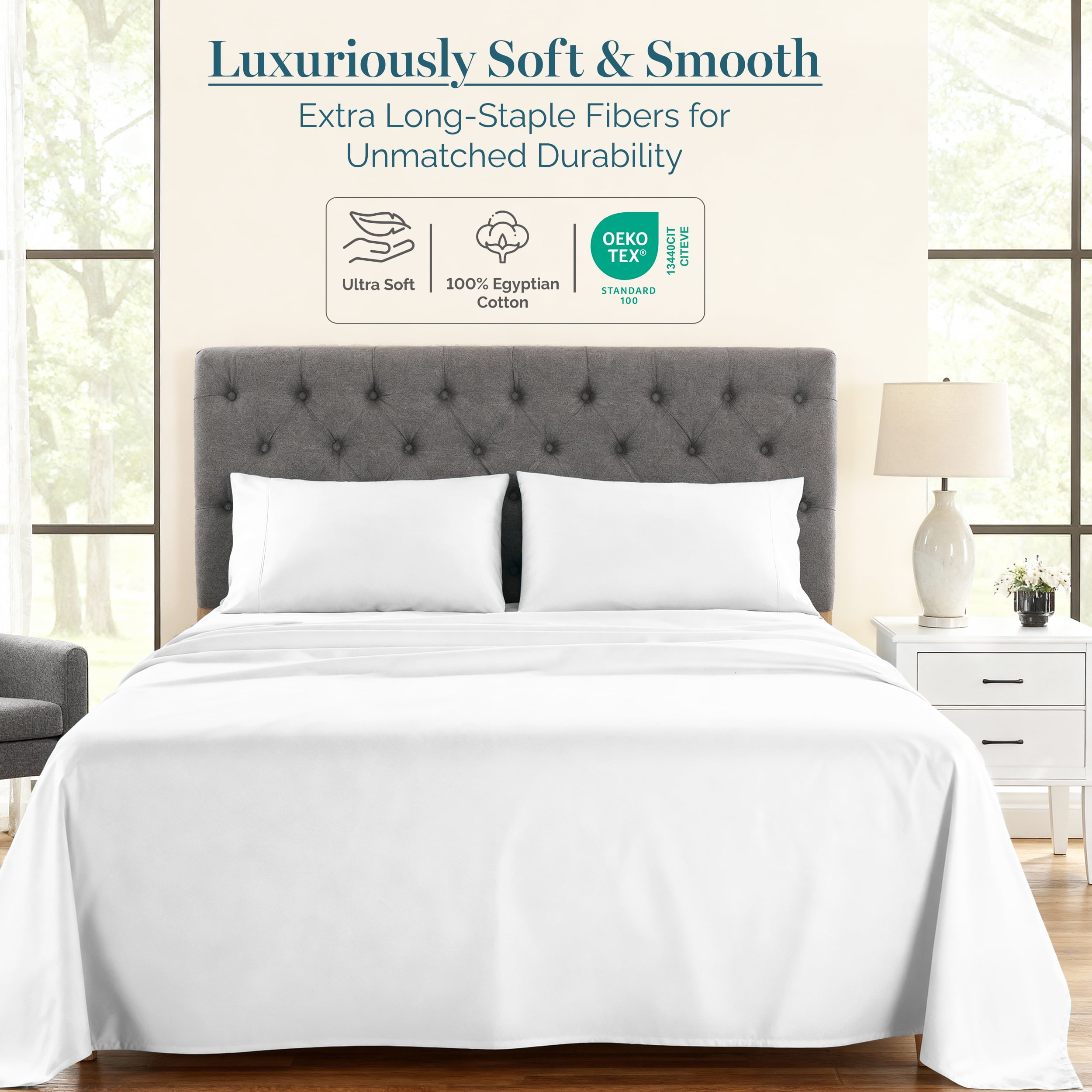 Casa Platino 100% Egyptian Cotton Sheets – 4 Piece King Sheet Set,Premium Sateen Weave with a Buttery-Soft, Silky Feel for All-Season Comfort, 15” Deep Pocket, Machine Washable – White
