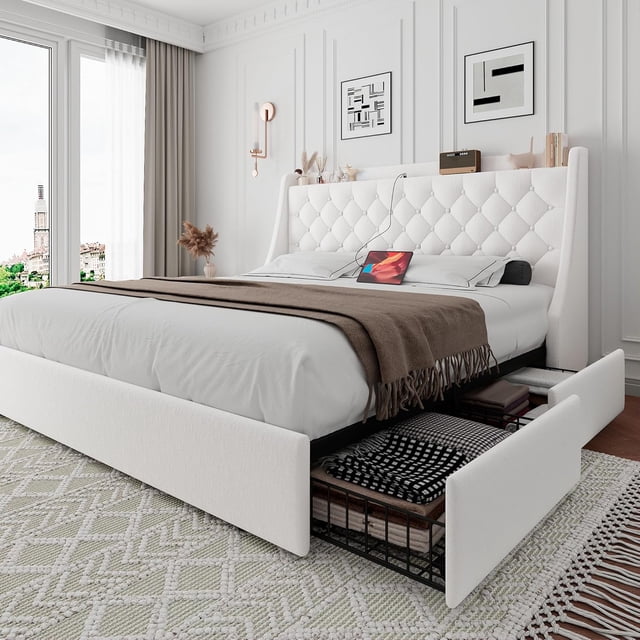 Virans Cadre de Lit Double avec 4 Tiroirs de Rangement, Cadre de Lit Plateforme Rembourré avec Ports Type-C et USB, Tête de Lit à Ailes avec Rangement, Blanc