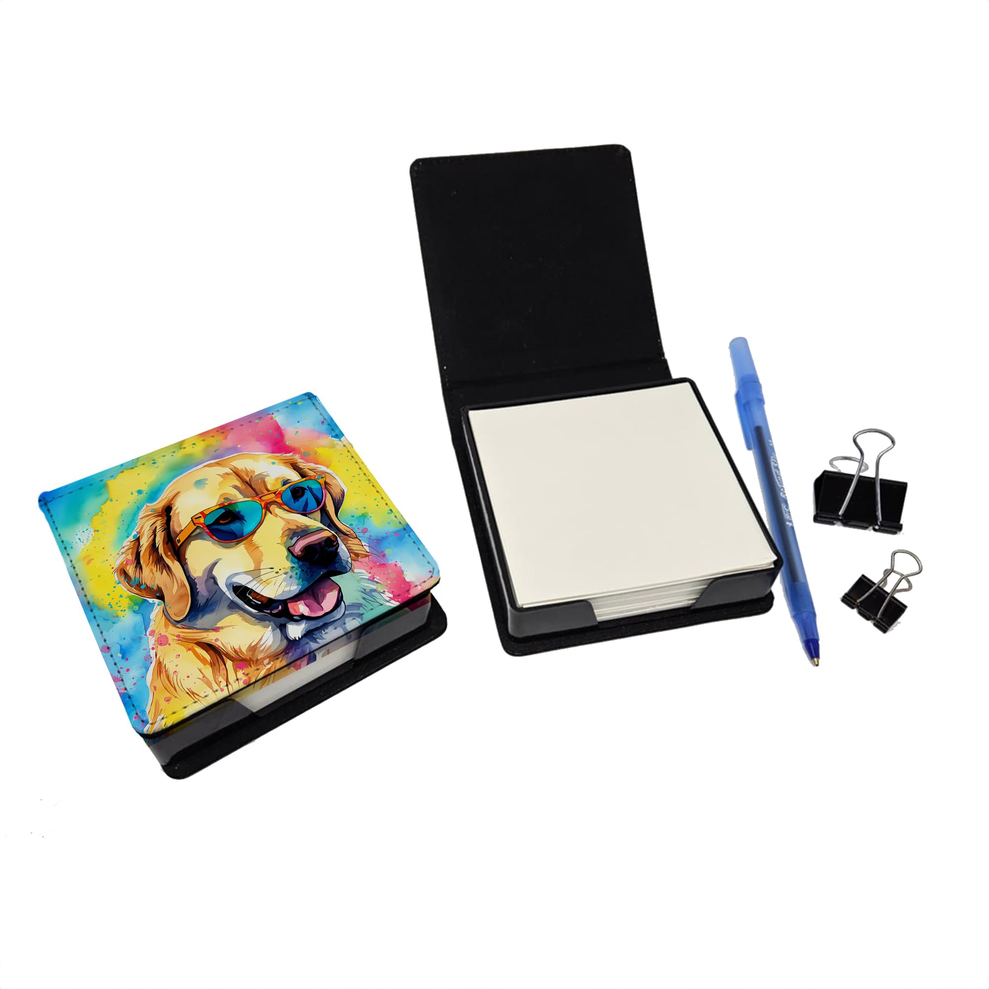 Caroline's Treasures Yellow Labrador Hippie Dawg PU Leather Note Paper Holder with Artist-Designed Cover, Desk Accessory, Office Gift