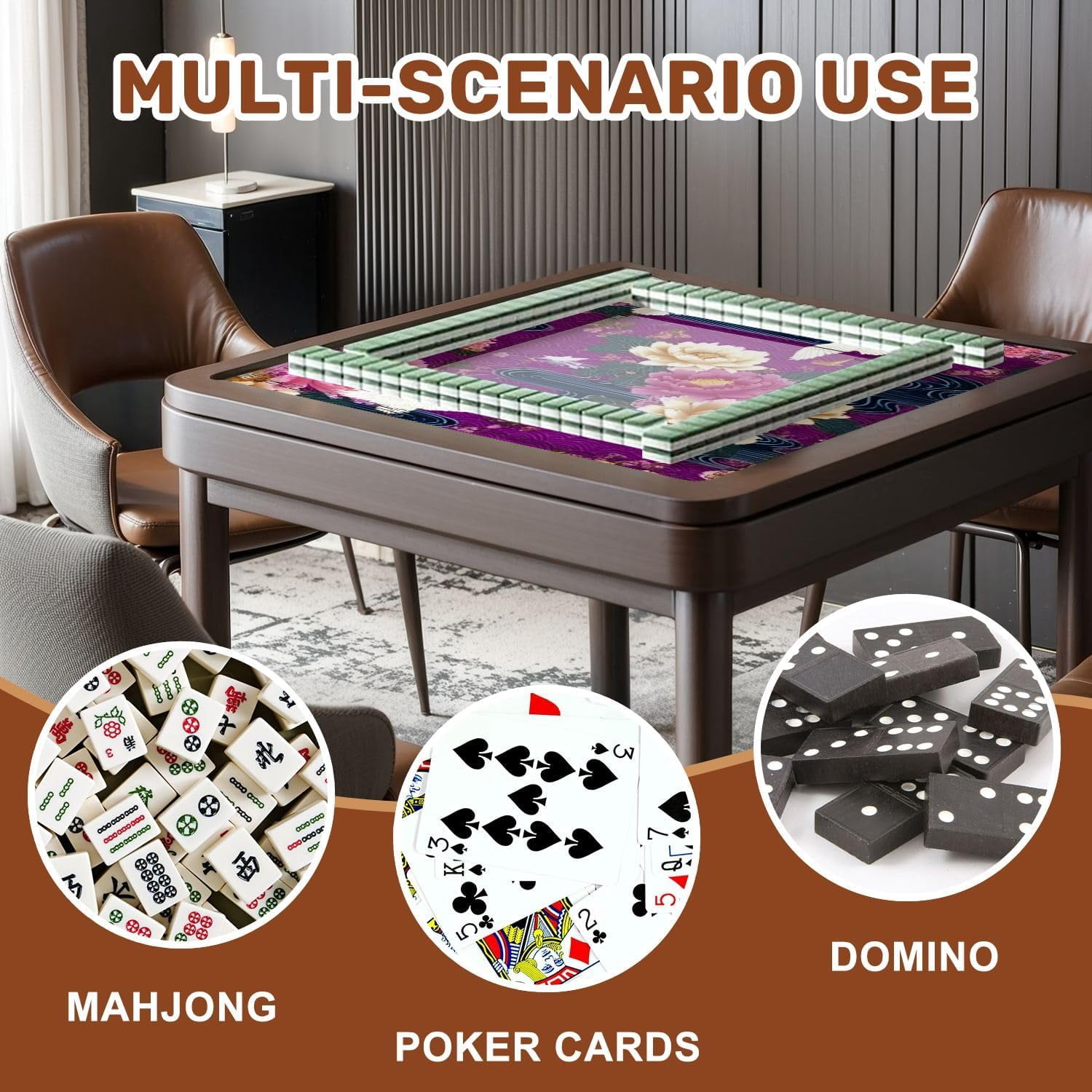 Mahjong Mat 31.5" x 31.5" Night Japanese Garden Blooming Peonies Golden Clouds Non-Slip Noise Reduction Mahjong Tiles Table Cover for Dominoes Poker Card Board and Tile Games Gift