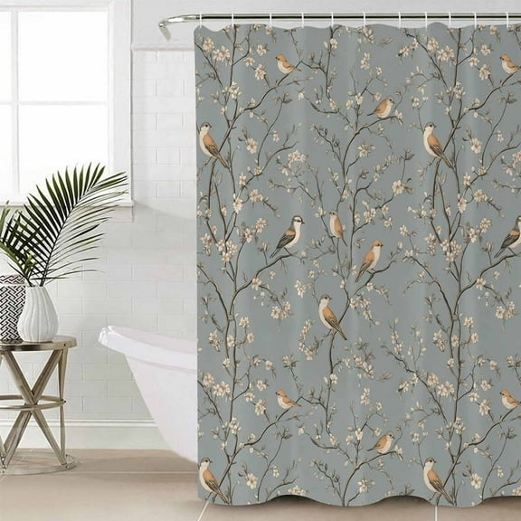 Tree Birds Waterproof Fabric Shower Curtain, Vintage Grey Flower Floral Branch Spring Shower Curtain for Bathroom Curtains Bathtubs Hotel Washable Shower Curtains with 12 Hooks Long 72x78in
