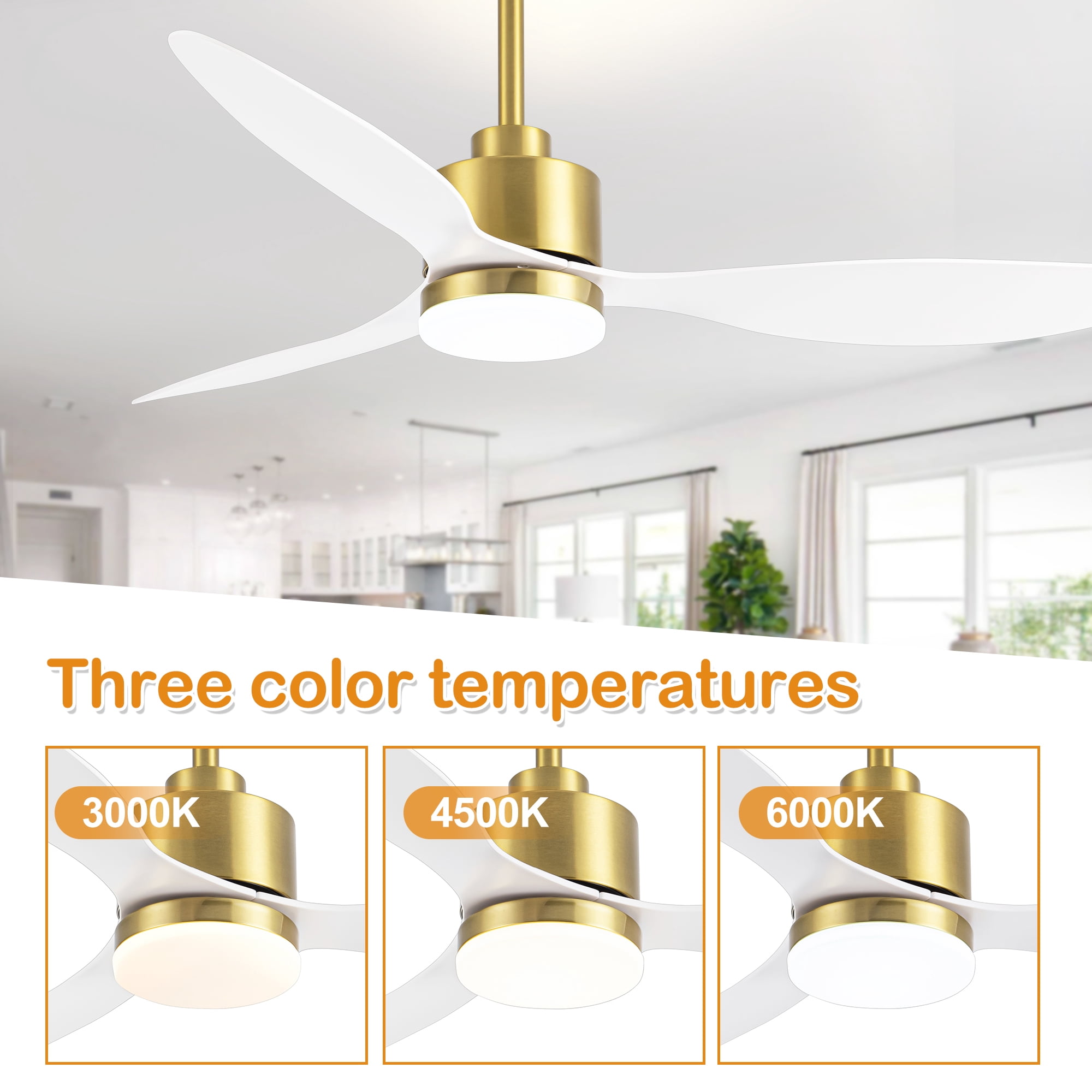 ALKAFY 52'' Gold & White LED Ceiling Fan with Remote, 3-CCT Adjustable & Reversible Motor for Home Rooms