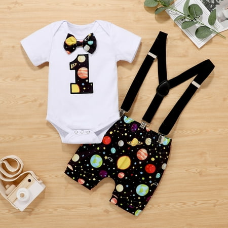 

Cathalem Set 7 Baby Birthday Girls Romper+Bow Boys Shorts Star Outfits Tie Suspender Set Boys Jogging Suit Boys Childrenscostume White 9-12Months