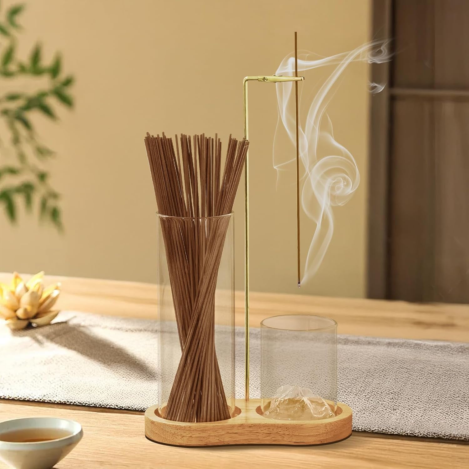 2-in-1 Glass Incense Holder for Sticks, Wooden Incense Burner with Ash Catcher & Incense Storage, Anti-Ash Flying Incense Stick Holder for Meditation, Yoga, Spa, and Home Decor(Natural Wood)