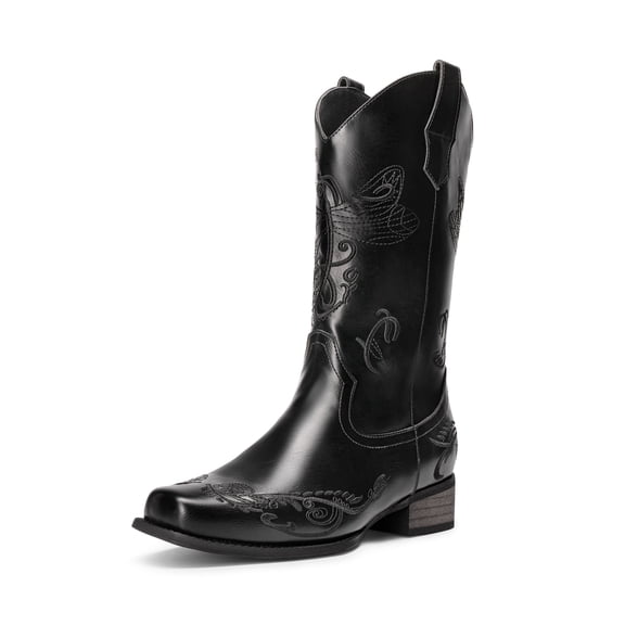 DREAM PAIRS Women's Cowboy Boots Mid Calf Cowgirl Boots Embroidery Stitched Square Toe Western Boots Wide Width