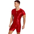 thumbnail image 5 of Haitryli Mens Zipper Front Workout Bodysuit Glossy Silky Compression Muscle Shaper Biketard Unitard Burgundy XL, 5 of 7
