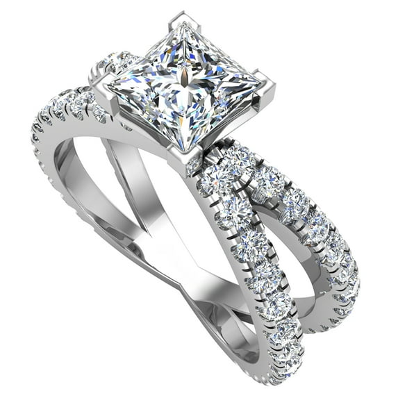 Princess Cut Diamond Engagement Rings 18K Gold Split Shank Style Cross Shank 1.75 CT TW 18K White Gold (E-F,VS1)