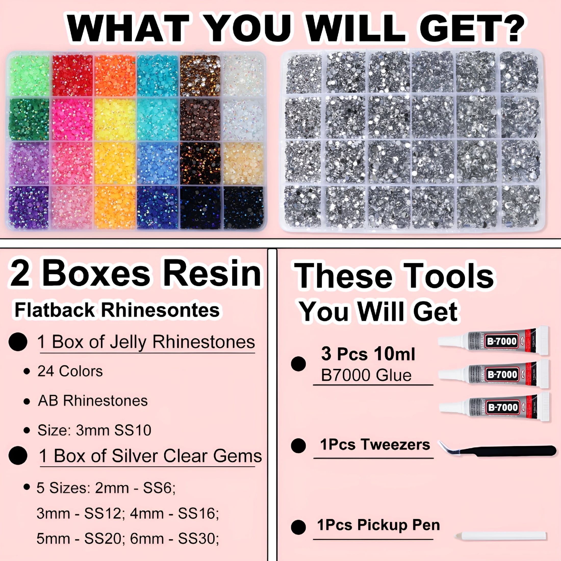 TUWAFE 2 Boxes Rhinestones for Bedazzling Kits, Multicolor 3Mm & Silver Clear 2/3/4/5/6Mm Resin Flatback Gems for Diamond Art, Bedazzler Kit with 3Pcs 10Ml Jewelry Glue for Diy Crafting Crafts Decor