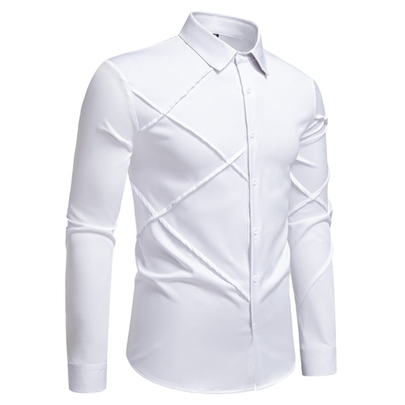DAFPZW Mens Pleated Dress Shirts Fall Long Sleeve Turndown Collar Shirt Fashion Button Tops Casual Business Office Shirt