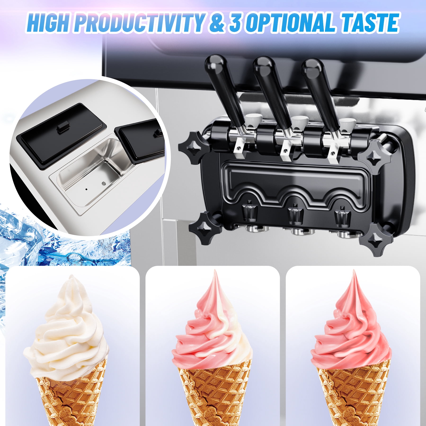 Commercial 3-Flavor Soft Serve Ice Cream Machine 2200W, 5.3-7.4 Gal/Hr LCD Touch Screen Auto Cleaning for Home, Snack Bars & Restaurants – No Pre-Chill Needed