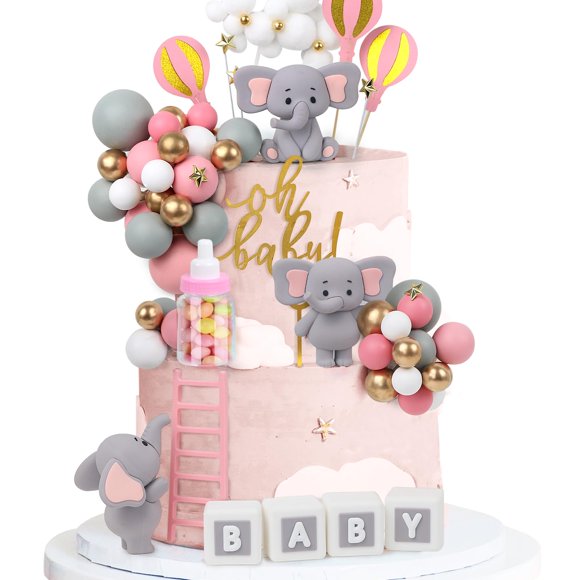 Acmee - Juego de 44 adornos para tartas de elefante, mini botella de leche de elefante 3D para bebé, bolas de espuma de oro rosa, decoración de tartas para baby shower, ni&nt