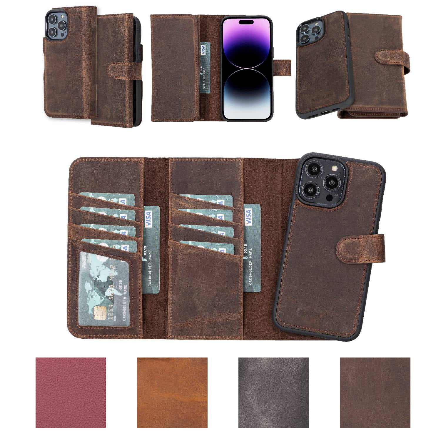 Leather Tri-Fold Wallet Case for iPhone 14 Pro - Premium Full Grain Leather