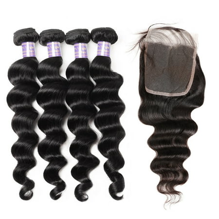 Allove Brazilian Hair Extensions 4pcs With Lace Closure Loose Deep