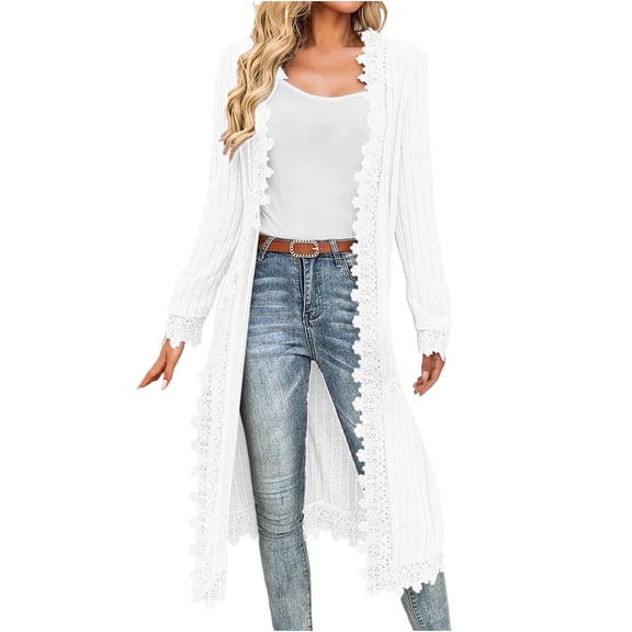 UJNDER Womens Coats and Jackets Elegant Plus Size Long Open Front Cardigan Lightweight Breezy Lace Cover Up Knitted White L