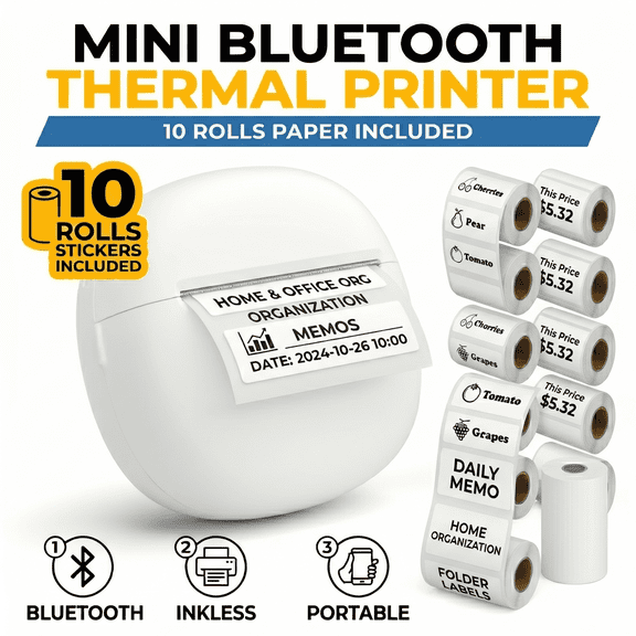 YDLW Portable Bluetooth Inkless Thermal Printer, Wireless Pocket Label Maker with 10 Rolls Paper for iOS and Android, White