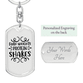 thumbnail image 2 of Faith Weights Protein Shakes Stainless Steel or 18k Gold Premium Swivel Dog Tag Keychain, 2 of 10