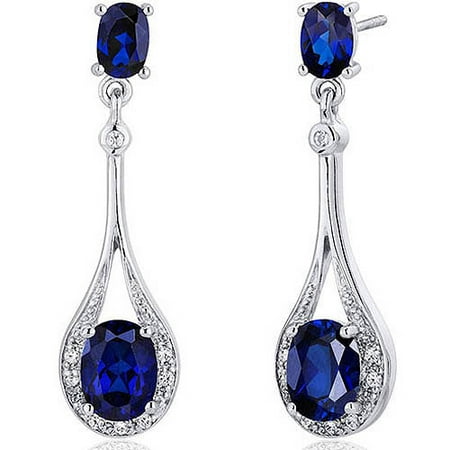 Oravo 5.00 Carat T.G.W. Oval-Cut Created Blue Sapphire Rhodium over Sterling Silver Dangle Earrings