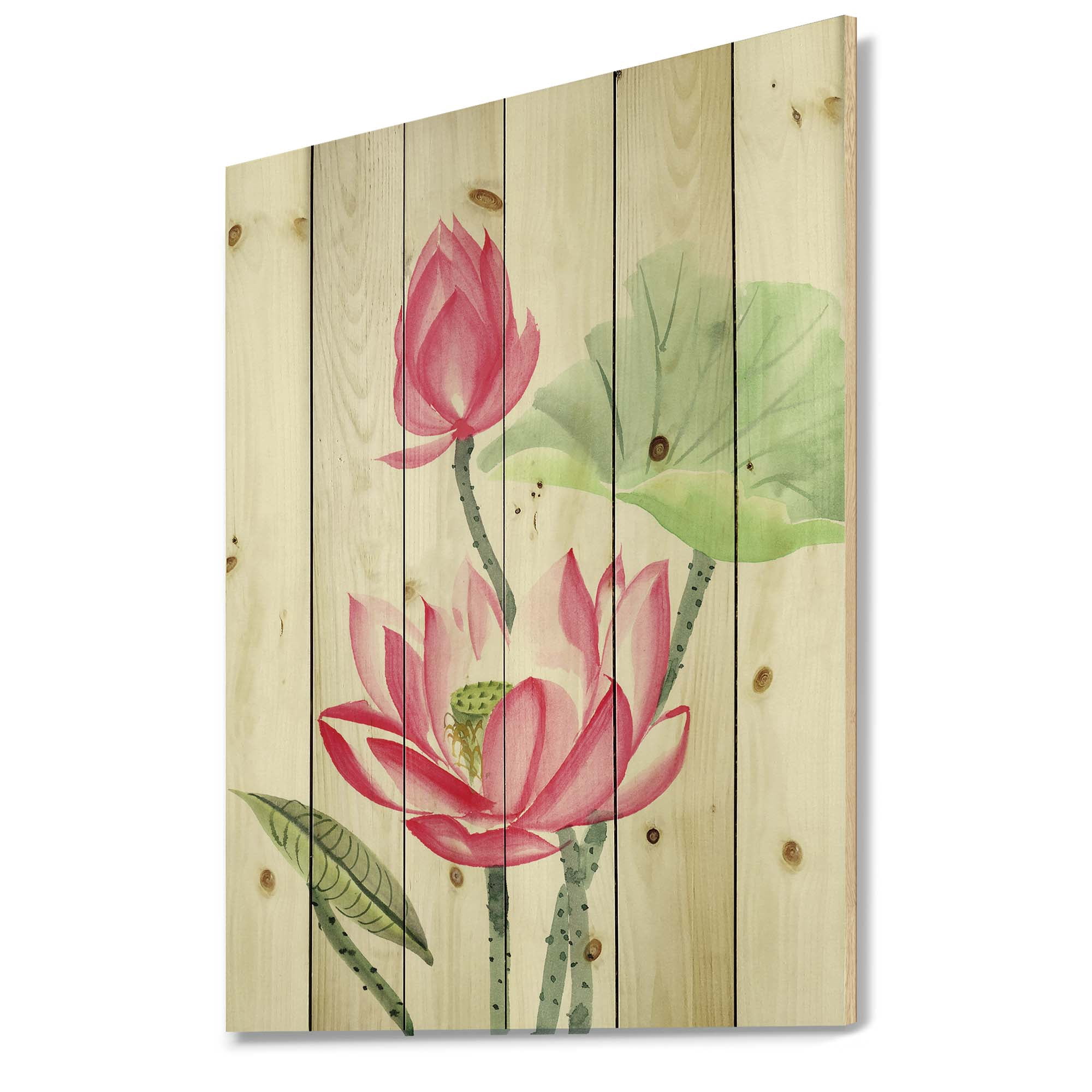 Designart 'Ancient Pink Lotus Flower' Traditional Print on Natural Pine Wood